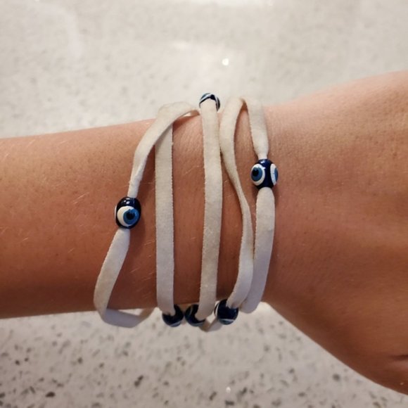 Set 4 Boho Velvet Long Necklace Wrap Bracelets Evil Eye Tan White Pink Navy Blue - Picture 5 of 11
